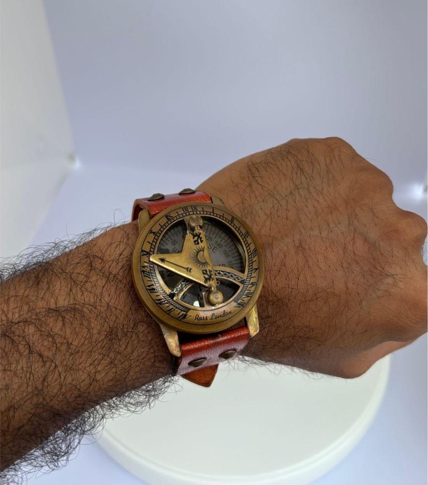 Sundial Wrist Watch Brass Compass & Leather Straps Nautical Steampunk Handmade