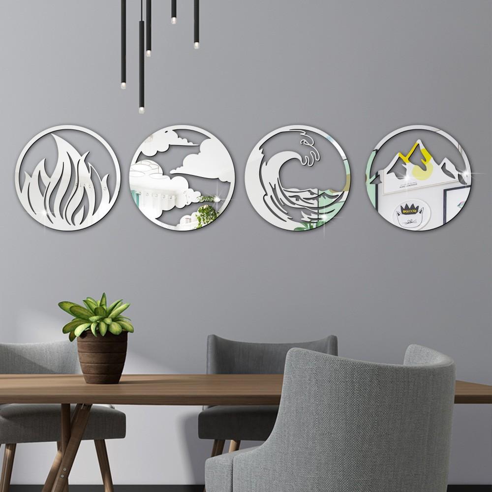 4pcs 3D Acrylic Mirror Sticker Wind Fire Water and Soil Four Elements Round Mirror Wall Sticker Living Room Bedroom Wall Decor