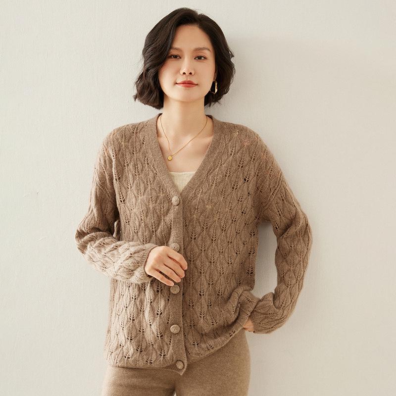 

Кашемировый кардиган Осень/Зима 2024: Застежка на пуговицы, Ажурный узор в виде листьев, Свободный и универсальный свитер. L [120-150] фиолетовый