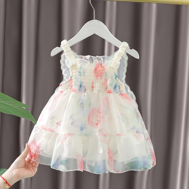 Summer Sweet Winged Princess Dress Fashion Flowers Printed Dress Bow Sleeveless Princess Dress Children's Day Party Dress 0-3Yrs