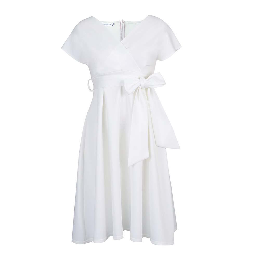 

Летнее платье свободного кроя с V-образным вырезом и однотонной талией и бантом L белый
