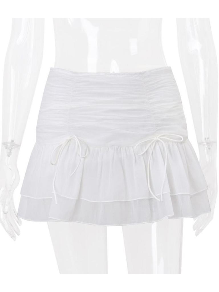 White Mini Skirt for Women Cute Sweet Style High Waist Mesh Splicing Ruffle Cake Skirt Y2k Clothing All-match Summer