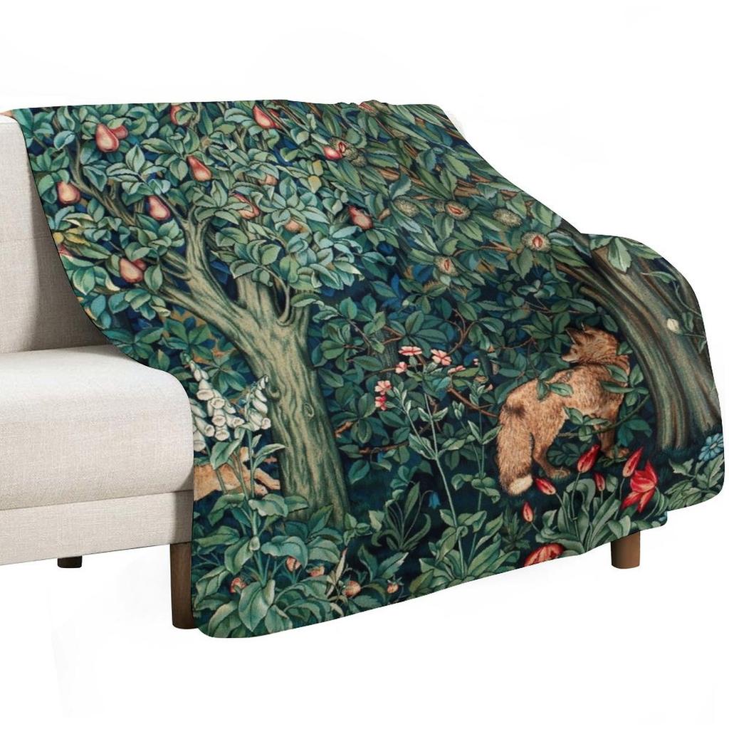 GREENERY FOREST ANIMALS Fox and Hares Blue Green Floral Tapestry Throw Blanket Cozy Home Blanket Gift for Christmas Holiday