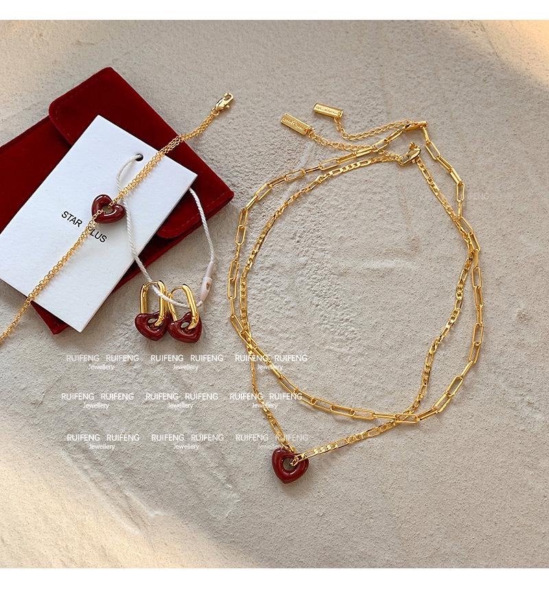 Set colier cu inimă galvanizată cu aur și cercei Love pentru femei - Design elegant cu glazură roșie, lanț pentru claviculă de calitate superioară