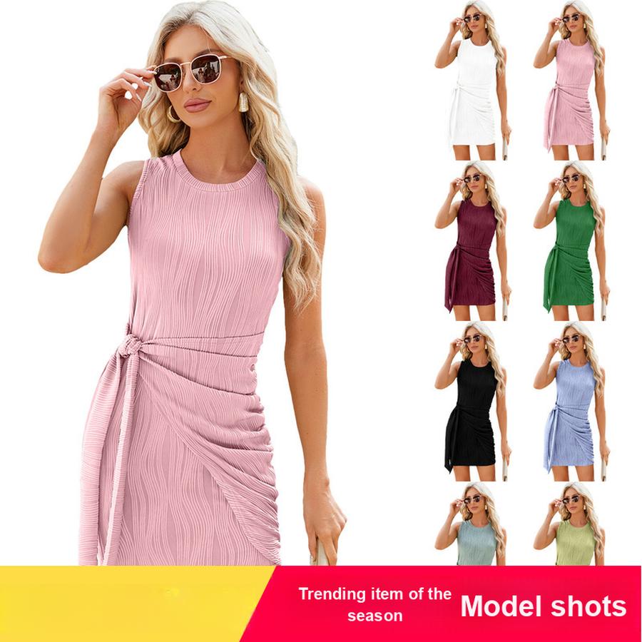 Spring/Summer Newest Solid Color Round Neck Ruffled Tie-Up Knit Vest Dress for Women