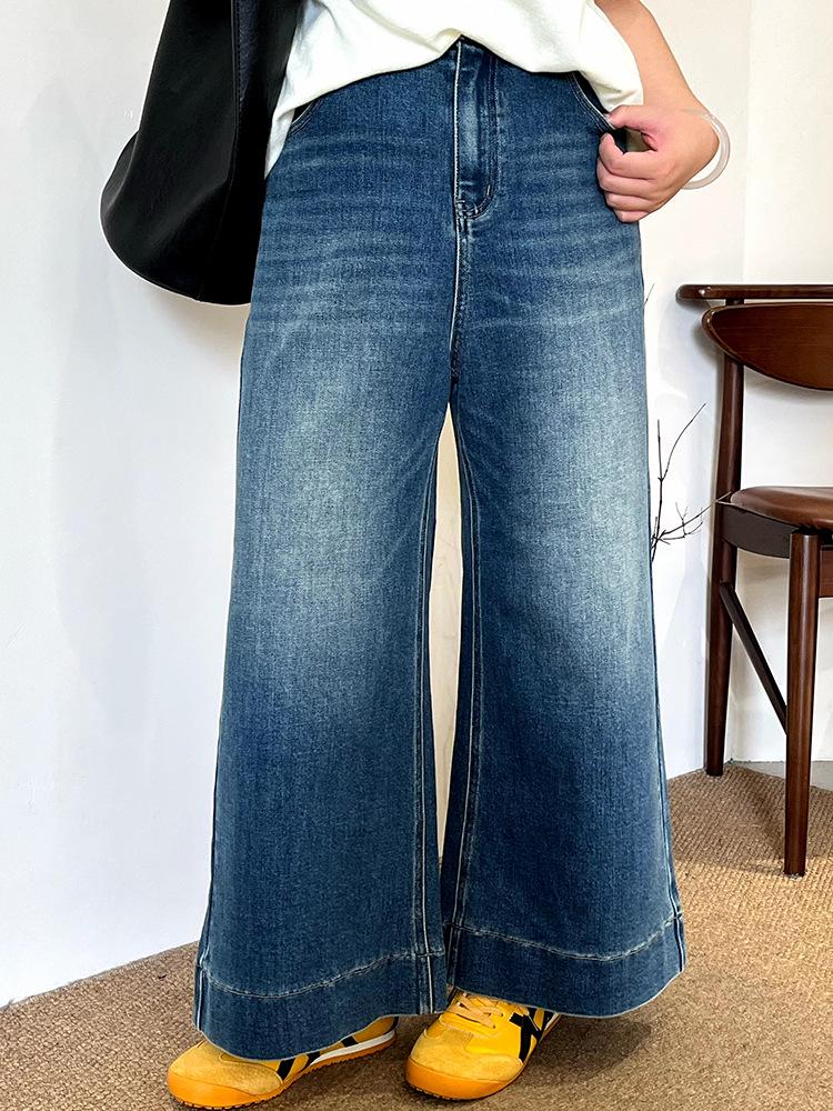 Plus Size Women's Retro Wide-Leg Jeans - Spring 2026 Fashion, Versatile Loose Fit, Straight-Leg Pants for Chubby Girls (NK1385)