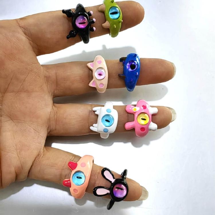 9Pcs Funny Resin Open Finger Ring Cartoon Little Monsters Eyeball Ring Unique Irregular Ring Fashion Jewelry Decoration