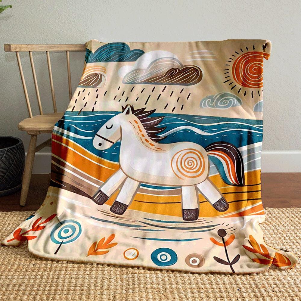 A Stylized Horse Amidst Swirling Patterns of Sun, Rain, and Nature. for All Seasons Blanket Lunch Break Throw Gift