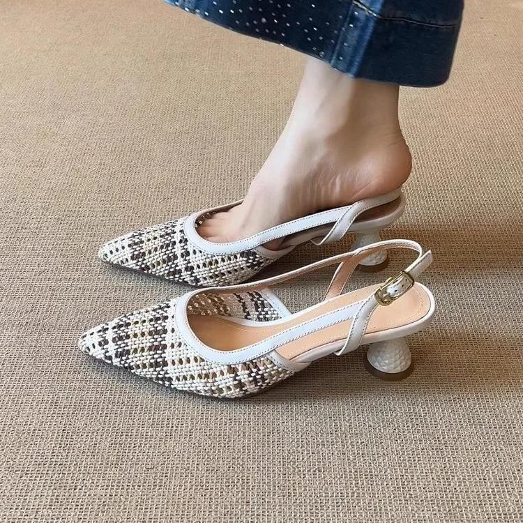 Fashion French Woven Hollow Out Pointed Toe Sandals Women's Summer New Style Retro High Heels PU Lined Rubber Bottomed Footwear