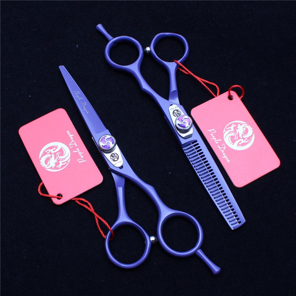 

Purple Dragon 5.5-inch Hair Scissors Set: Painted Purple Salon Cutting, Thinning, Barber, Straight & Serrated Scissors. 6.0 inch Purple Thinning Scissors