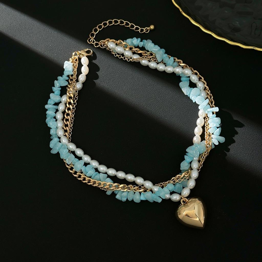 Elegant and Simple Heart-shaped Pendant Necklace, Fresh and Sweet Turquoise Imitation Pearl Necklace, Women's Daily Dating Jewelry Accessories