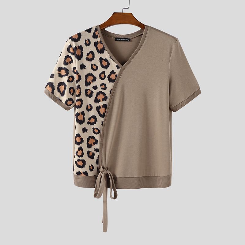 INCERUN Men V Neck Short Sleeve Leopard Patch Bow Knot Casual T-shirts