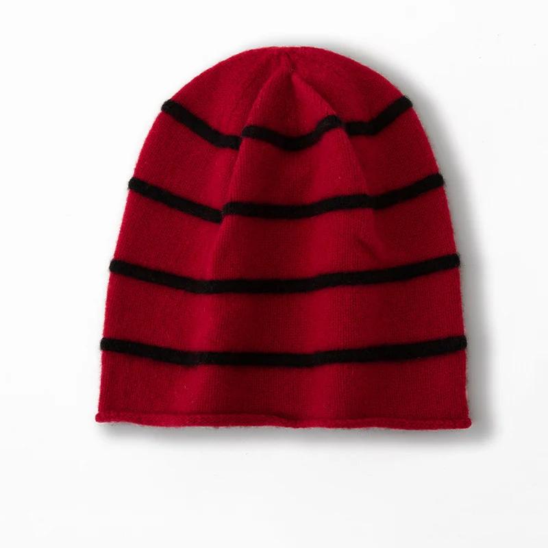 Women 100% Pure Cashmere Beanie Hat Striped Pattern Rolled Cuff Winter Warm Soft Slouchy Skullies Cap Cold Weather Accessory