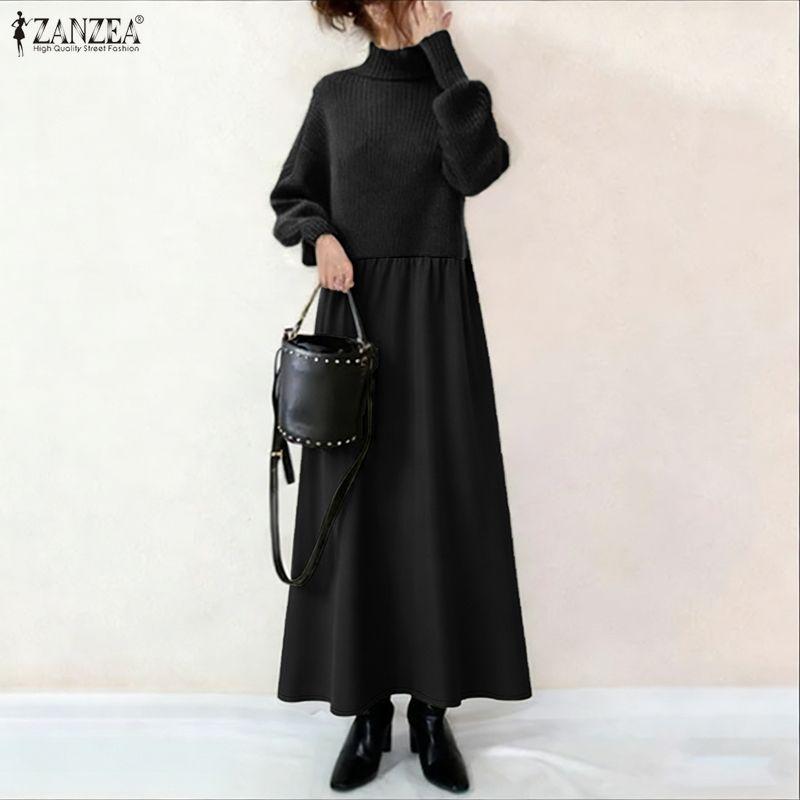 ZANZEA Lässiges, lockeres Langarmkleid für Damen mit Stehkragen