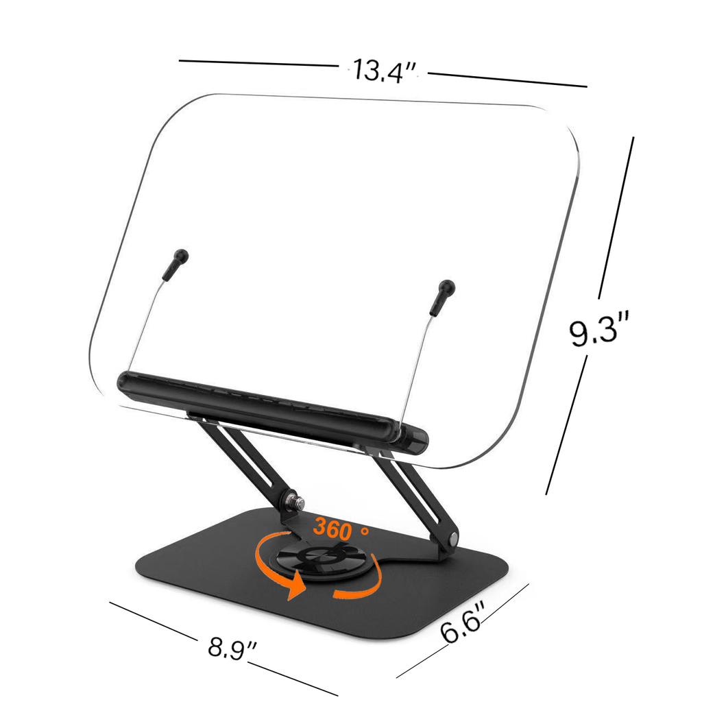 Book Stand for Reading, Adjustable Book Holder with 360° Swivel Base Foldable Stand Recipe Book Holder with Elastic Page Clips