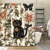 1pc Charming Black Cat & Butterfly Floral Shower Curtain - Polyester Bathroom Decor with Hooks, Machine Washable, All-Season