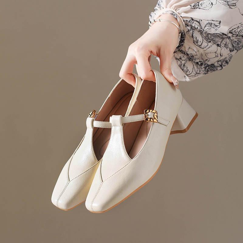 Retro Mary Jane shoes women's new autumn thick heel medium heel single shoes with buckle belt light mouth small leather shoes