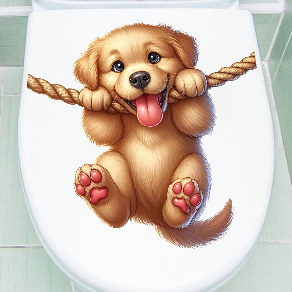 Playful Cartoon Puppy with Rope Toilet & Wall Sticker Self-Adhesive Removable for Bedroom Living Room Study Home Decor