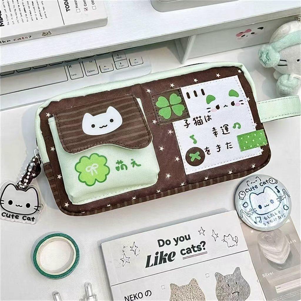 Four Leaf Clover Cat Pencil Case With Large Capacity For Students And Office Use