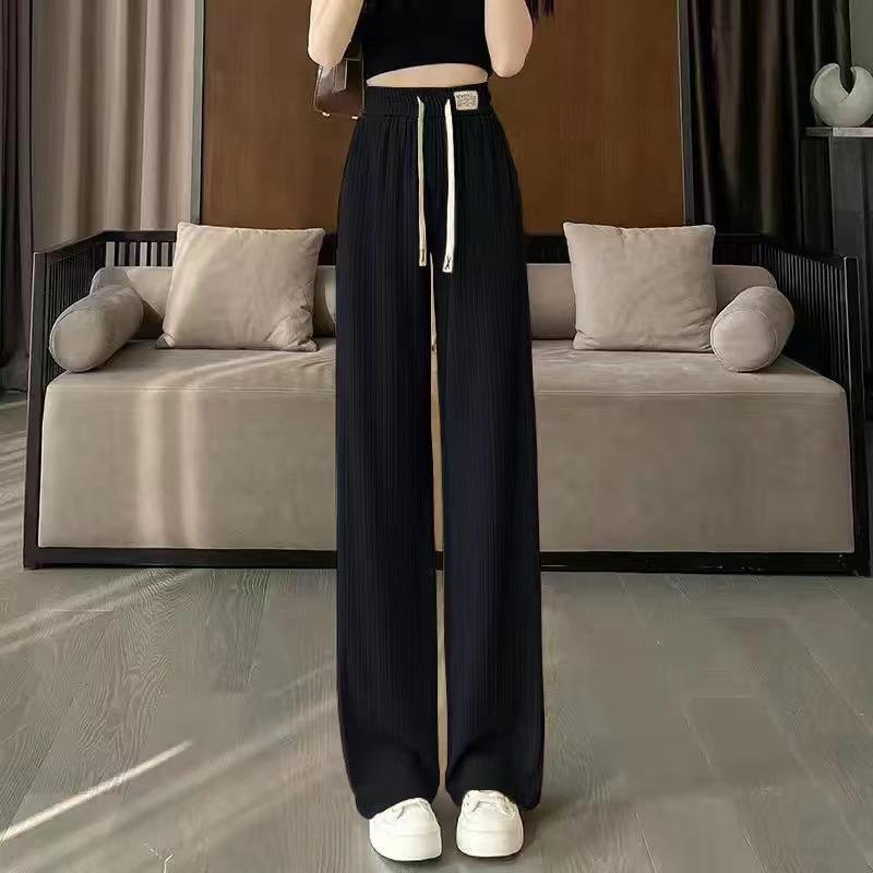 Women's Elastic Waist Wide Leg Pants Straight Leg Trousers Ribbed Ice Silk Casual Pants