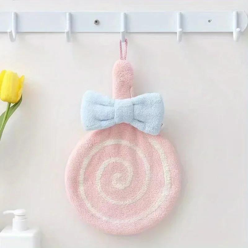 Cute Lollipop Coral Fleece Hand Towels with Hanging Loop Soft Absorbent Bath Towel for Kids Adults Girl Bathroom Kitchen Bedroom