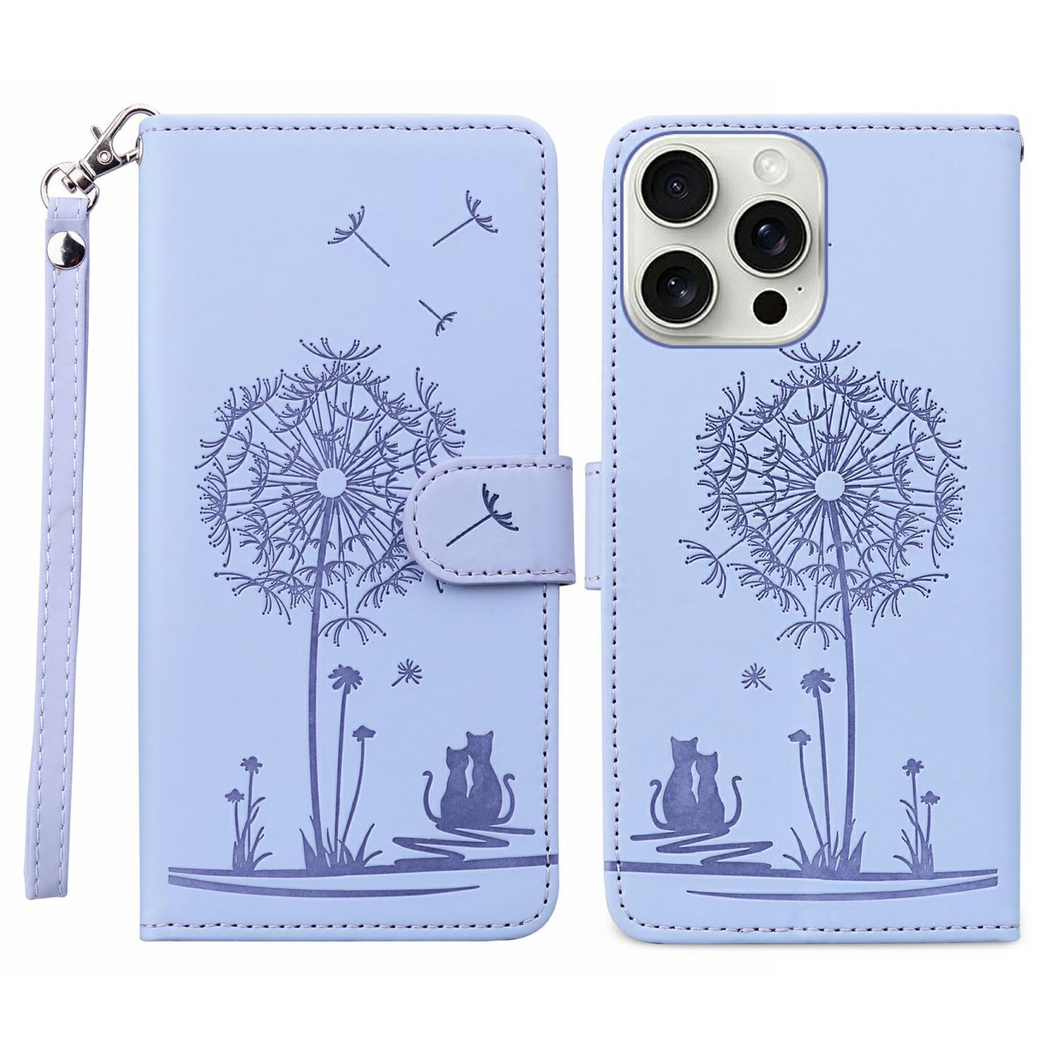

For iPhone 16 Pro Case Cat Dandelion Imprint PU Leather Wallet Phone Cover with Strap Purple