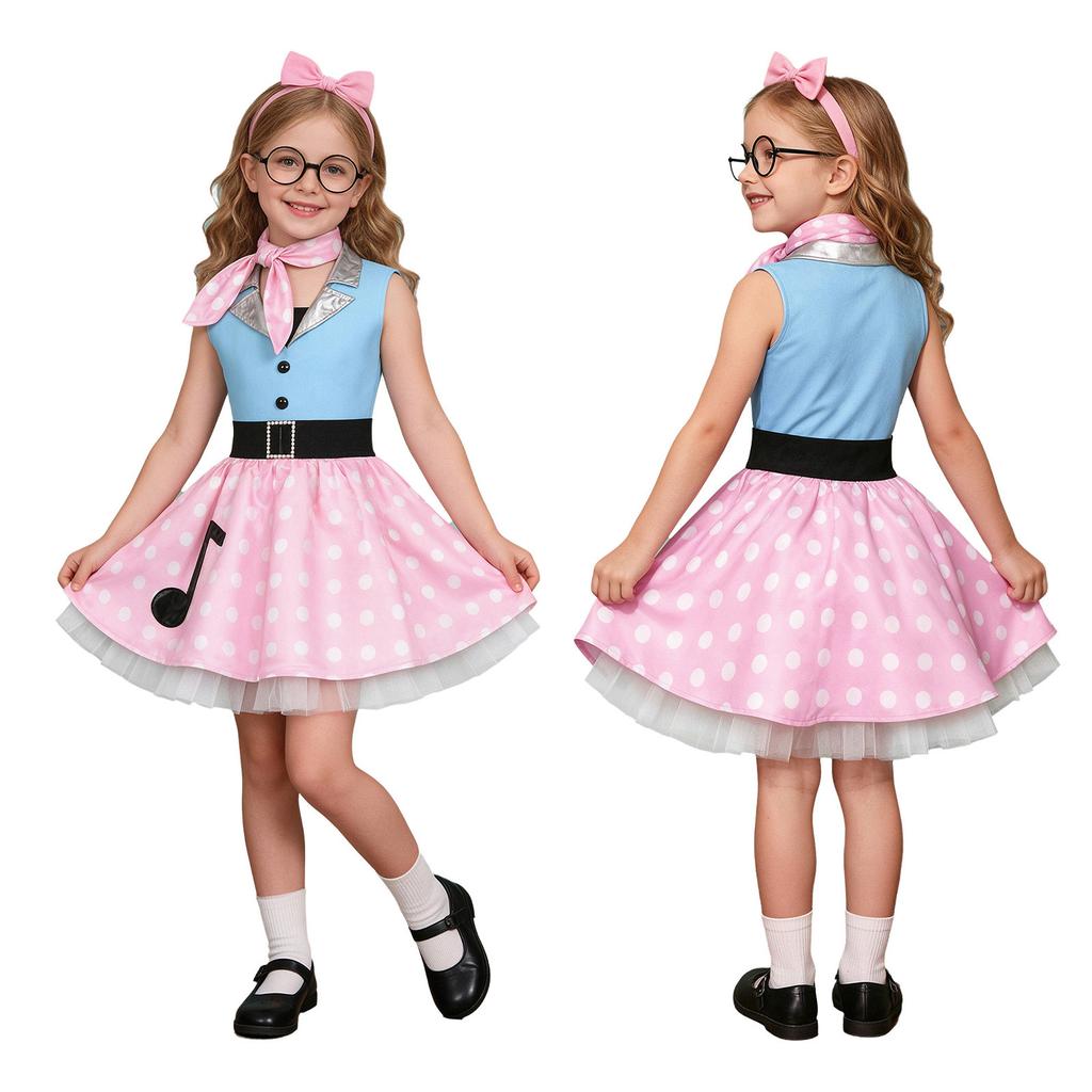 Vestido Polka Dot Vintage Anos 50 para Meninas com Gola Lapela Metálica Sem Mangas com Lenço de Pescoço para Festa Temática Retro de Aniversário Halloween