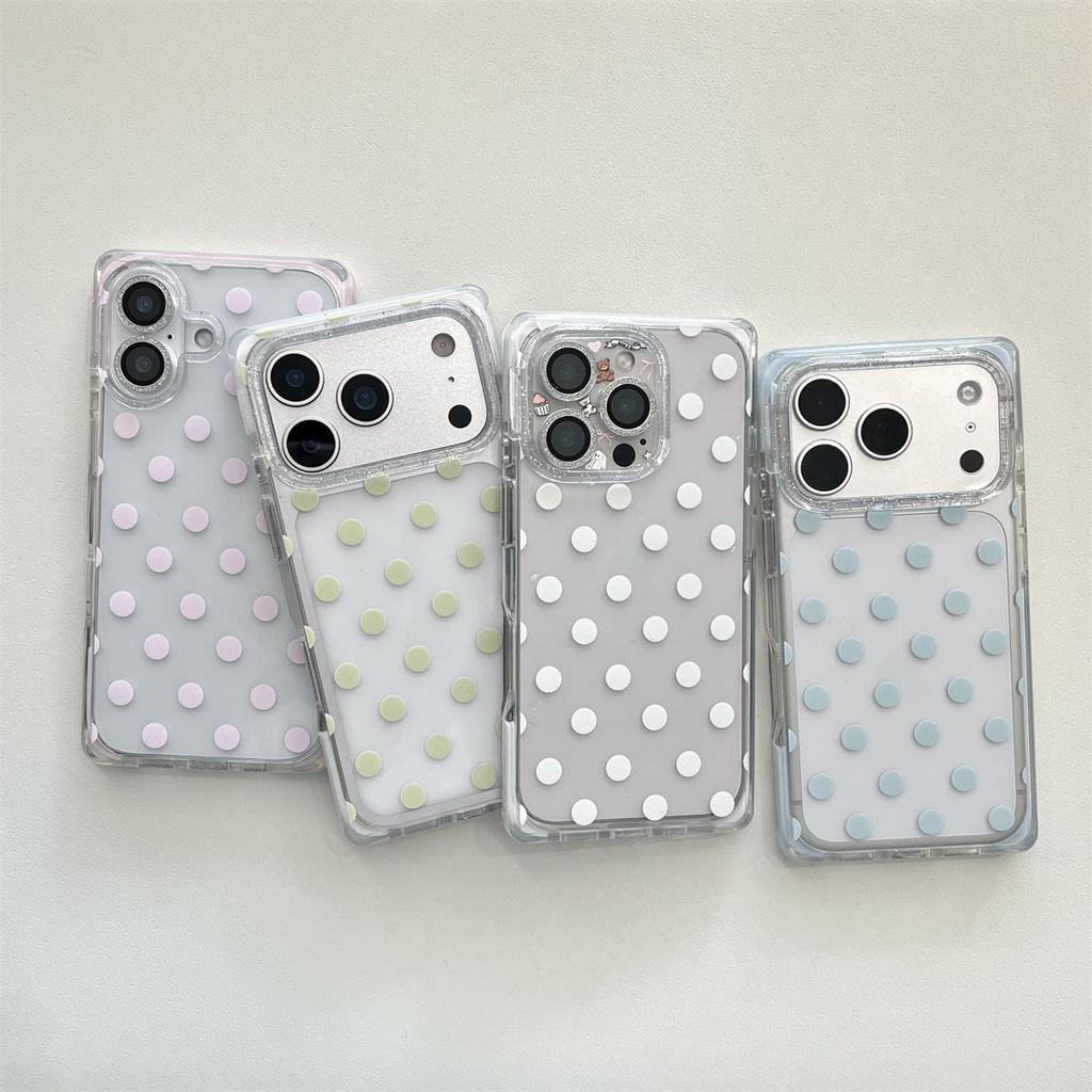 iPhone 15 ProMax Case: Transparent Square Design with Colored Polka Dots, Drop Protection