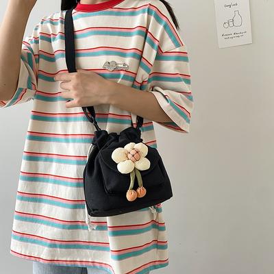 Fashion Soft Girl Flower Simple Solid Color Strap Handbag Texture Niche Design Bucket Shoulder Messenger Bag