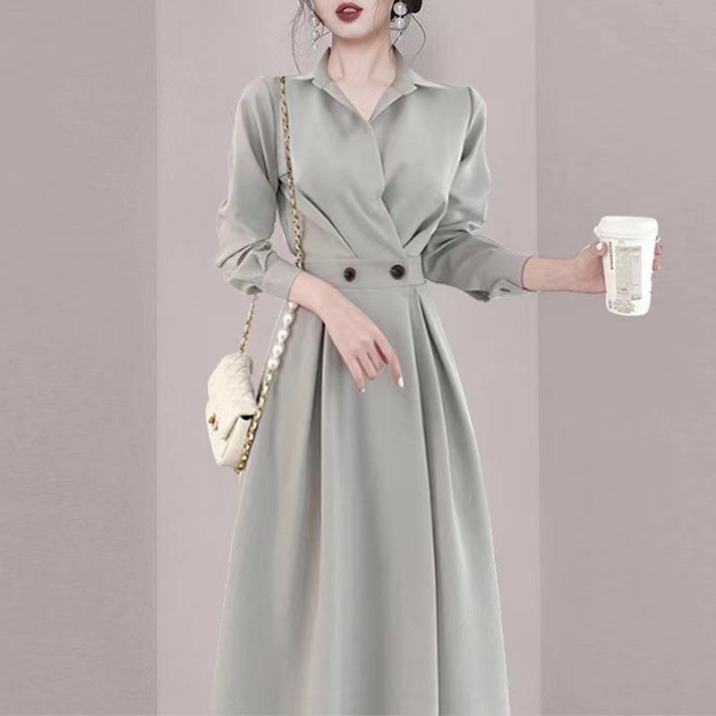 Spring French Hepburn Style Professional High-end Dress Women's Fashion Temperament Light Luxury Royal Sister Style Long-sleeved Shirt Skirt