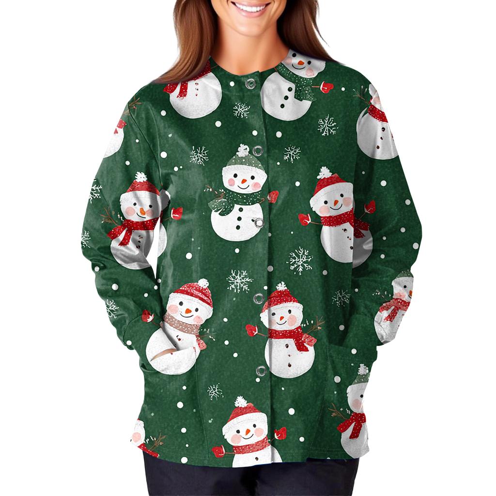 Damska codzienna moda długi rękaw stójka jednorzędowa kurtka robocza topy z nadrukiem świątecznym