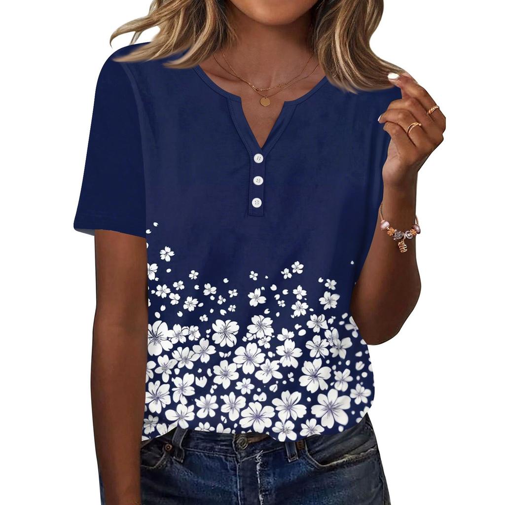 Women's T Shirt Print Button Short Sleeve Daily Weekend Fashion Basic V- Neck Regular Top