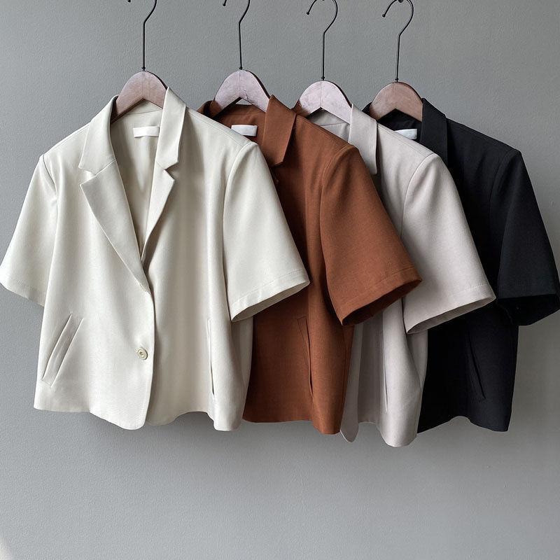 Summer Women Elegant Solid Suit Jackets Office Lady Short Sleeve Single Breasted Casual Blazer Casual Coat