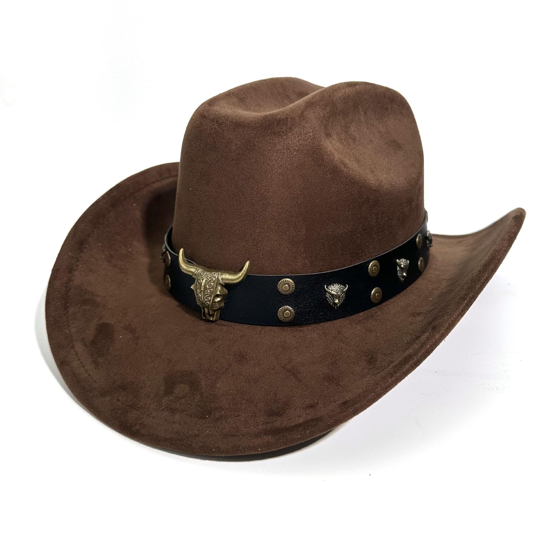 

New Ethnic Minority Style Suede Western Cowboy Hat Men And Women Couple Big Edge Top Hat Jazz Hat M（56-58cm） темно-коричневого кольору