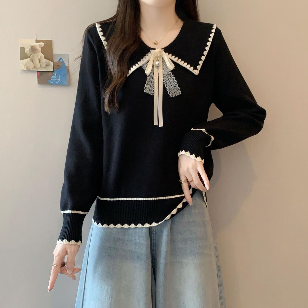 Age-Reducing Bow Doll Collar Long-Sleeved Sweater Women'S Cute Autumn And Winter Mm Temperament Thin Knitted Sweater
