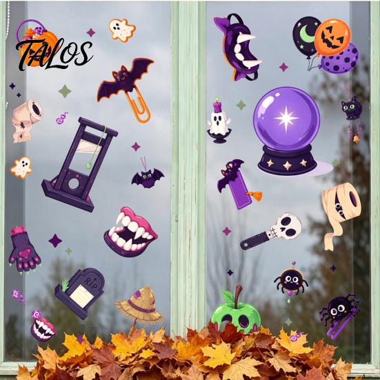 PVC Decorative Clings 2Pcs Halloween Static Window Clings, Glass Sticker with Pumpkin Ghost Bat Seasonal Home Decor Spider Ball Decals, Reusable Wall