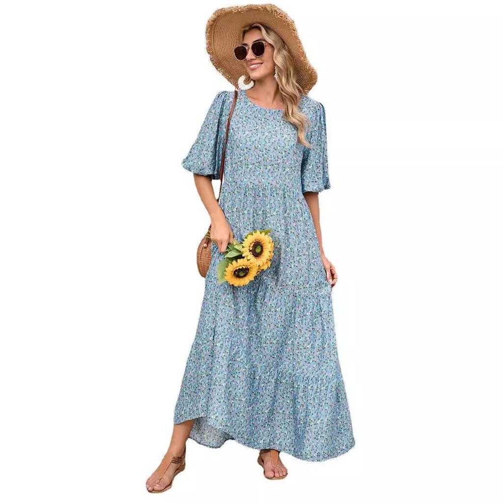 2024 Plus Size Floral Retro Casual Dress - Loose Round Neck Robe for Europe, America & Middle East