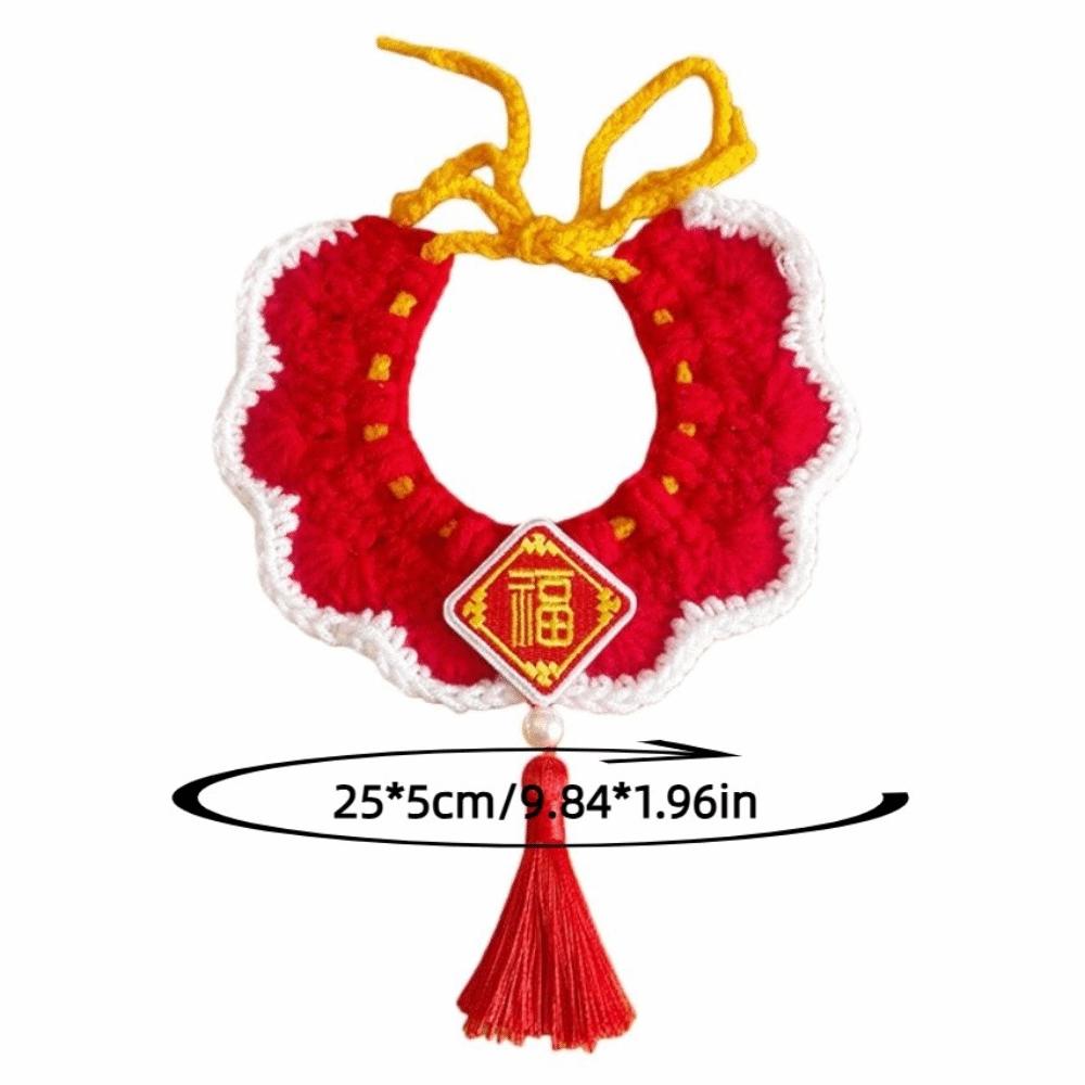 Handmade Cat Dog Scarves Lightweight Chinese Style New Year Cat Bow Tie Embroidery Pattern Red Tassels Knitted Pet Collar