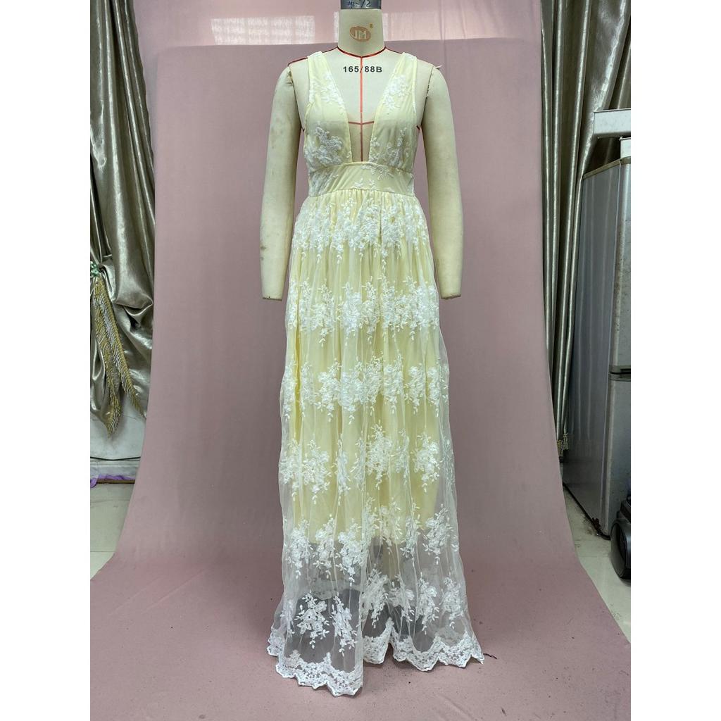 Women's Summer New Sheer Mesh Backless Dress - Deep V Neck Lace Long Gown with Spaghetti Straps, Elegant Evening Dress