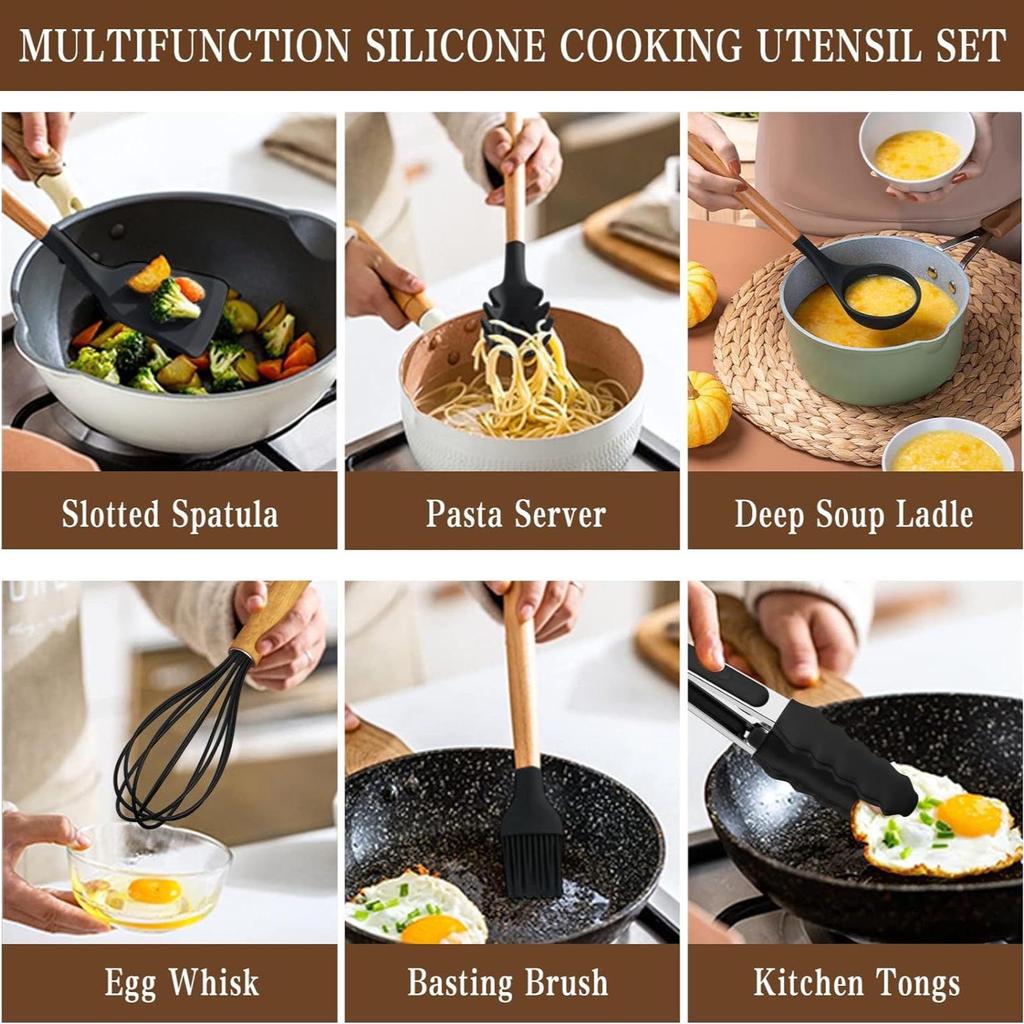 44-Piece Silicone & Wood Handle Kitchenware Set - Non-stick Cooking Spatula, Soup Ladle, and Tableware Tools