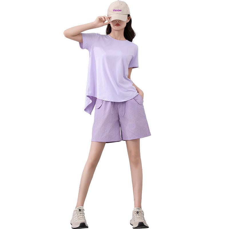 Women's Purple Two-Piece Set: Quick-Dry Ice Silk T-Shirt & Loose Five-Point Cargo Shorts