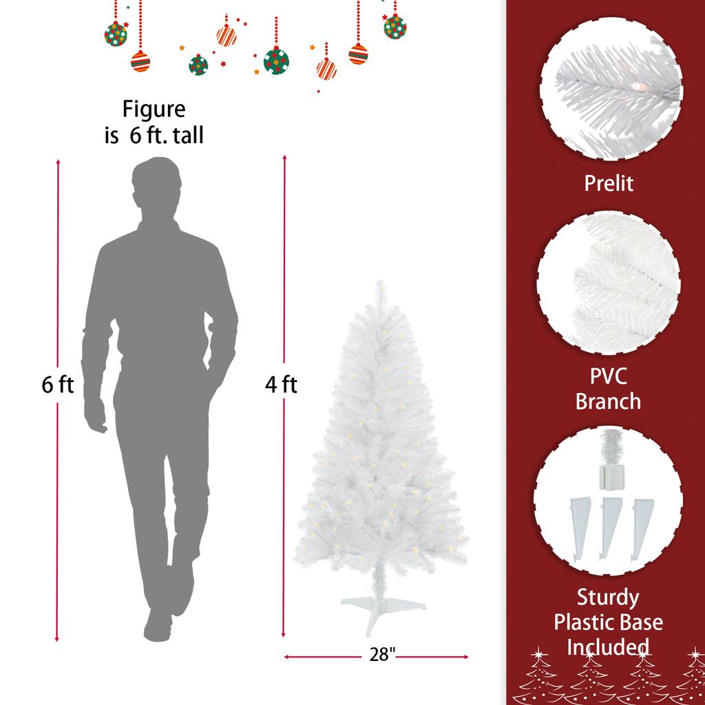 4ft White Artificial Christmas Tree Prelit With Stand, 100 Warm White LED Lights, Realistic 241 Branch Tips, PVC White Norwood