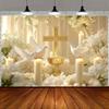 Stylish 2D Religious Photographic Background with White Dove, Golden Cross and Sail, Ideal for Weddings.