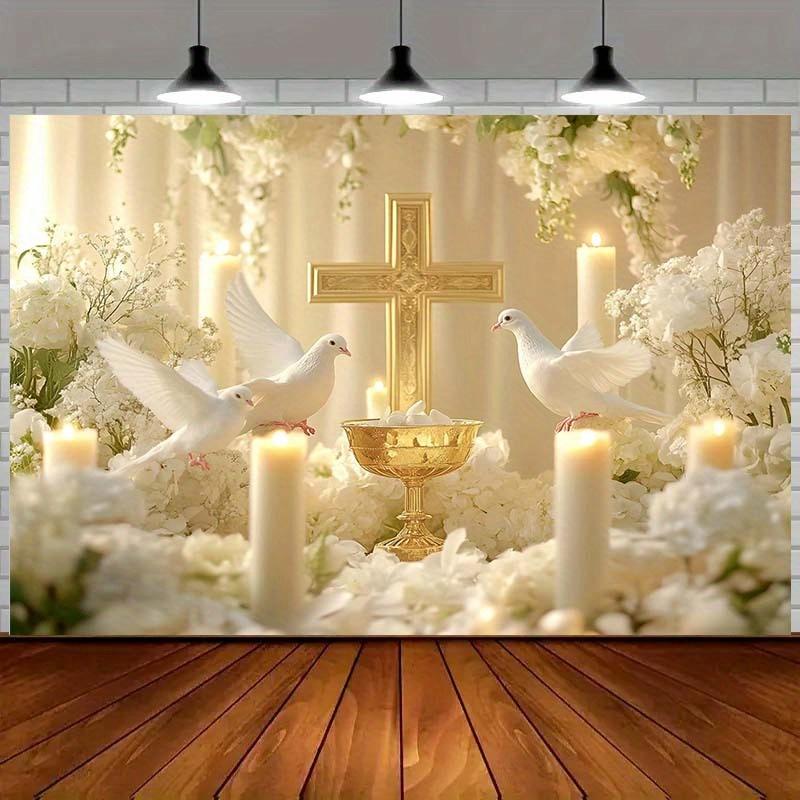 Stylish 2D Religious Photographic Background with White Dove, Golden Cross and Sail, Ideal for Weddings.
