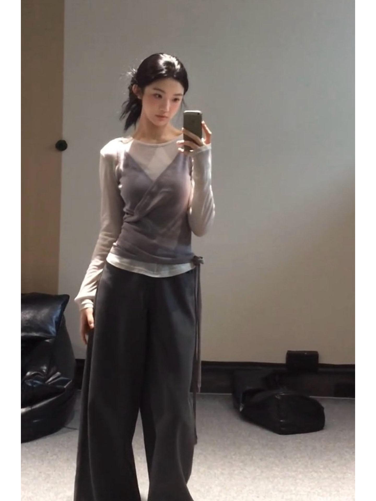

Korean-Style Women s Winter Set: Chic Atmosphere, Sweet & Spicy, Sheer Base, Tie-Up Camisole, Casual Long Pants XL (Recommended 58-63 kg)