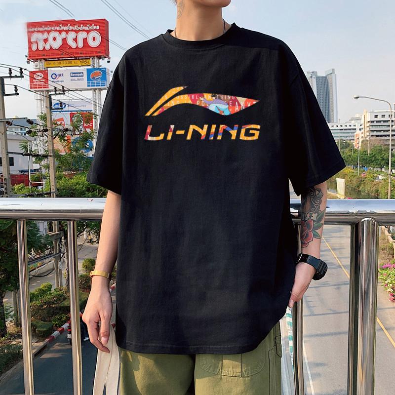 Li Ning Sports Fashion Series Letter Logo Cartoon Pattern Printed Casual Short Sleeve T-Shirt Unisex Tops Black AHSU837-1