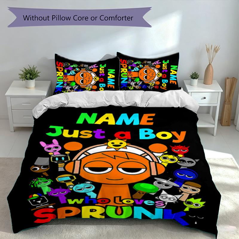 3pcs Custom Name Sprunki Themed Bedding Set,Includes 1 Duvet Cover and 2 Pillowcases,All-season Bedroom Decor