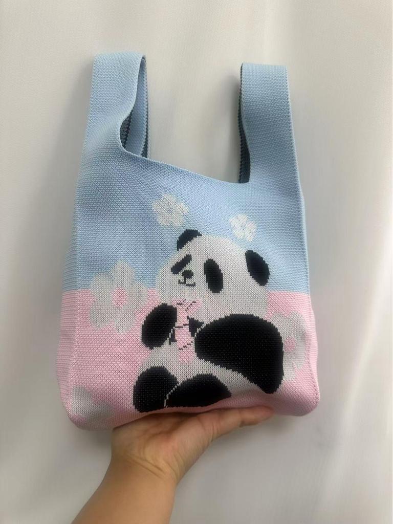 Handmade Cute Panda Knitted Tote - Versatile Women's Woven Handbag