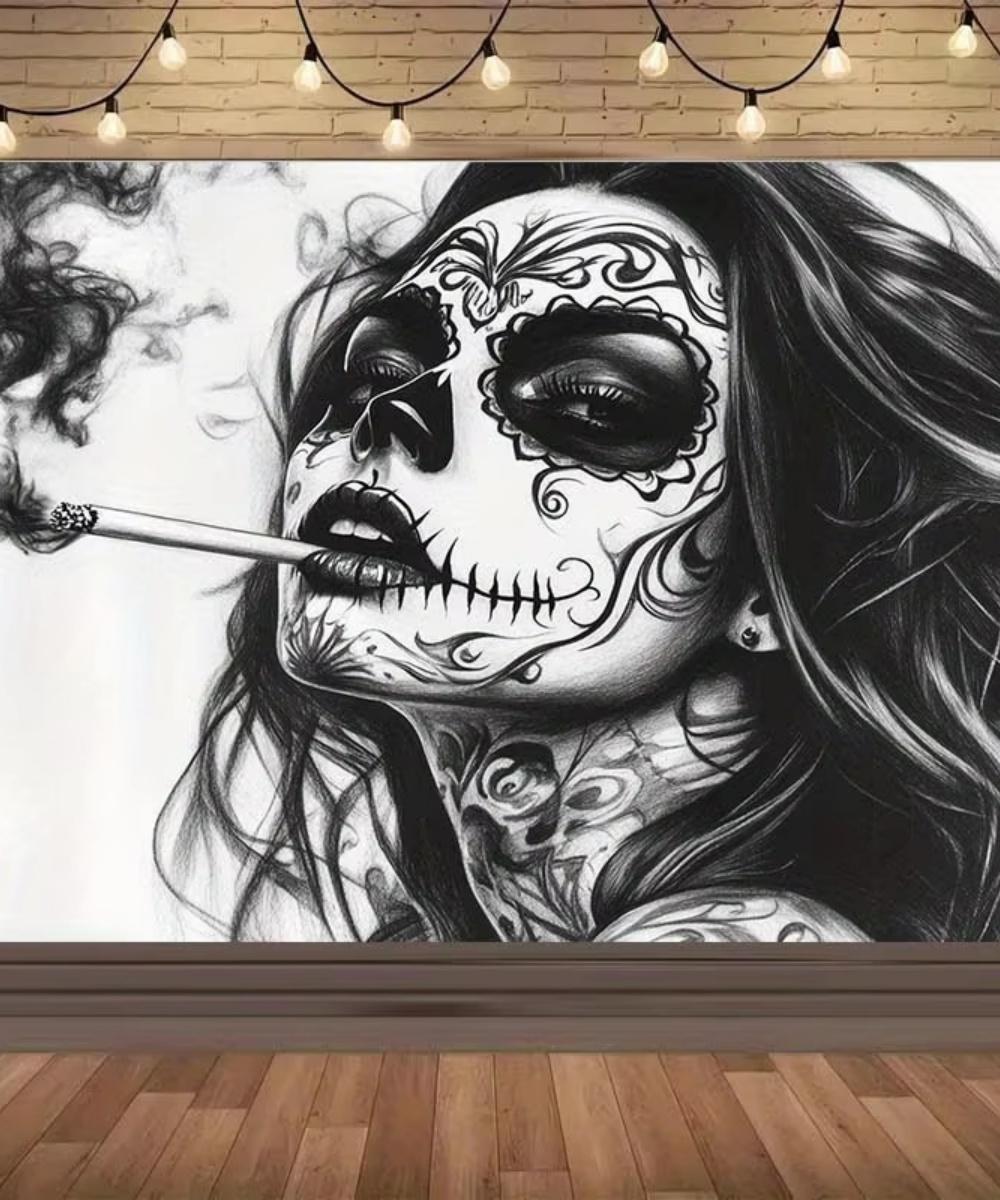 

Day of the Dead Sugar Skull Woman Smoking Gothic Aesthetic Tapestry Room Decor with Floral Artistic Wall Art for Halloween 74x94cm(29x37in)