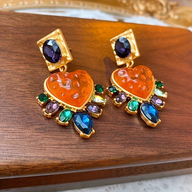Vintage Exaggerated Exquisite Big Heart Glass Multi Color Crystal Stone Drop Earring Women Girls Fashion Zircon Accessories